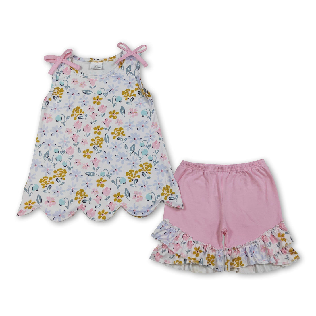 Light pink floral scallop sleeveless top and shorts set for girls by Mini Rodeo, perfect for warm weather casual outfits.
