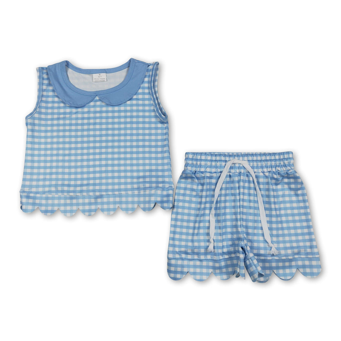Light blue plaid scallop top and shorts set for girls by Mini Rodeo, featuring sleeveless design and casual summer style.