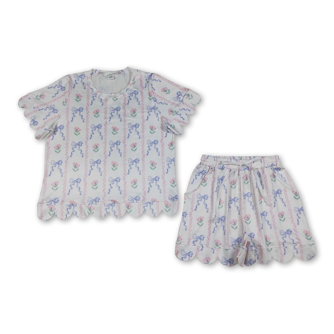 Women’s floral bow top and shorts set by Mini Rodeo, short sleeve summer outfit for adult women, stylish and comfortable.