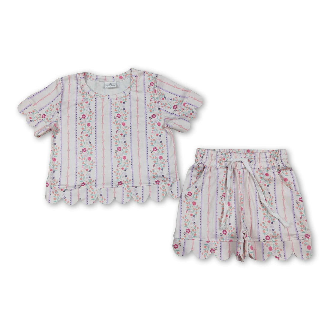 Mini Rodeo girl short sleeves scallop floral summer outfit with top and matching shorts for toddlers, perfect for warm weather.