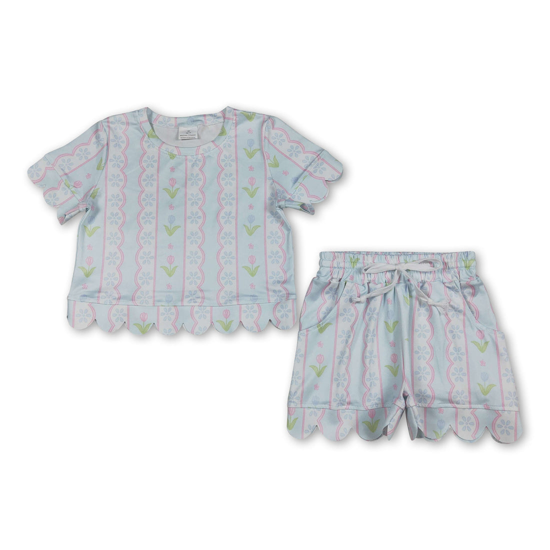 Light blue floral scallop girl short sleeves top and shorts set by Mini Rodeo, perfect for summer girls&