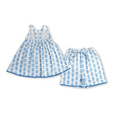 Blue floral girl summer shorts set with short sleeves top and matching shorts by Mini Rodeo, perfect for warm weather.