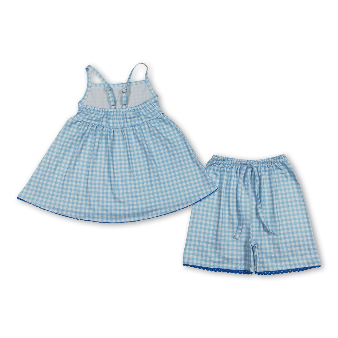 Blue plaid girl shorts set with short sleeves top and matching tunic shorts for kids, by Mini Rodeo.
