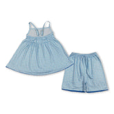 Blue plaid girl shorts set with short sleeves top and matching tunic shorts for kids, by Mini Rodeo.