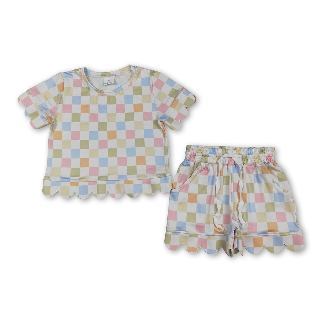 Colorful plaid scallop girl short sleeves top and shorts set by Mini Rodeo, casual and vibrant girls&