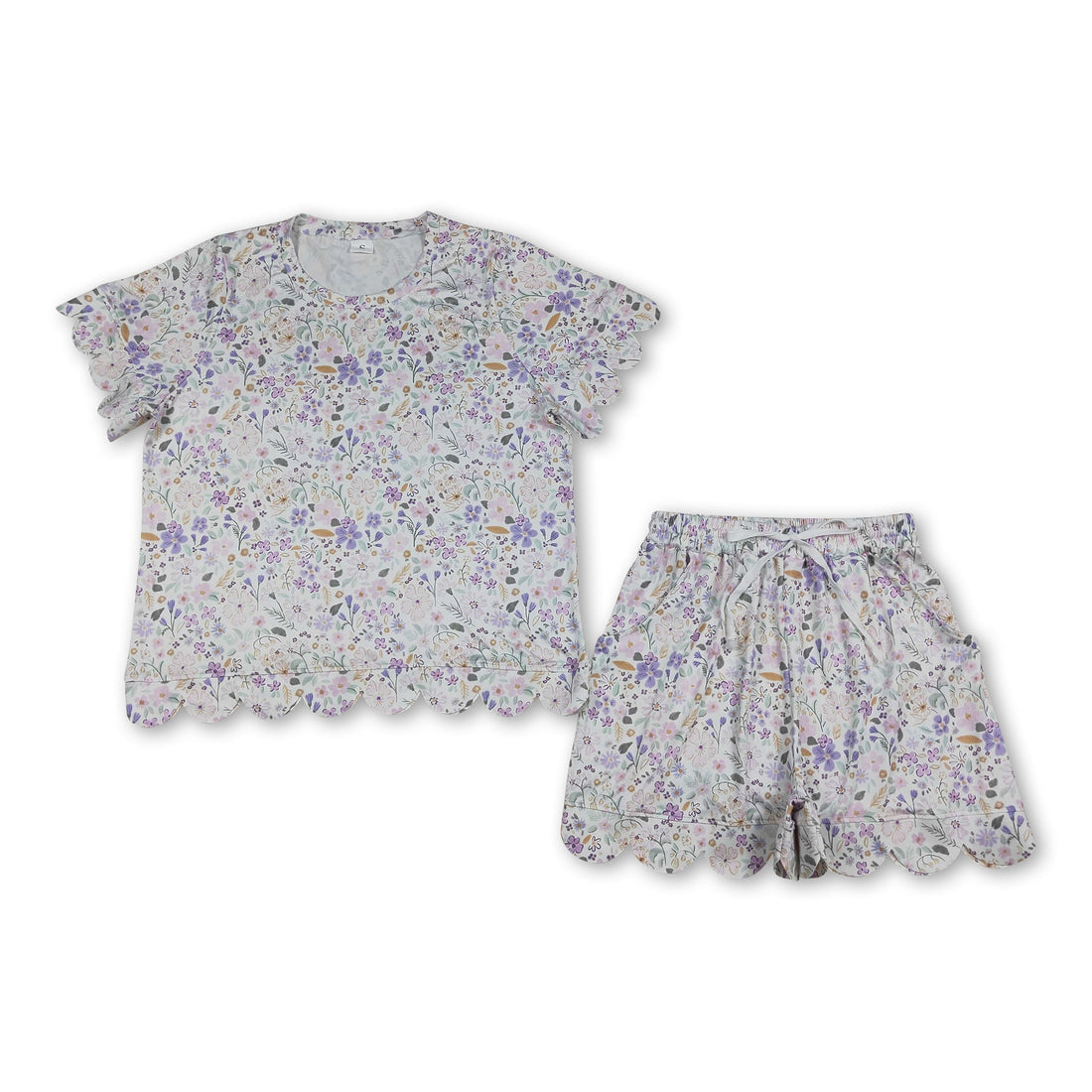 Lavender white floral bow top and matching shorts set for women by Mini Rodeo, featuring a stylish floral design and feminine details.