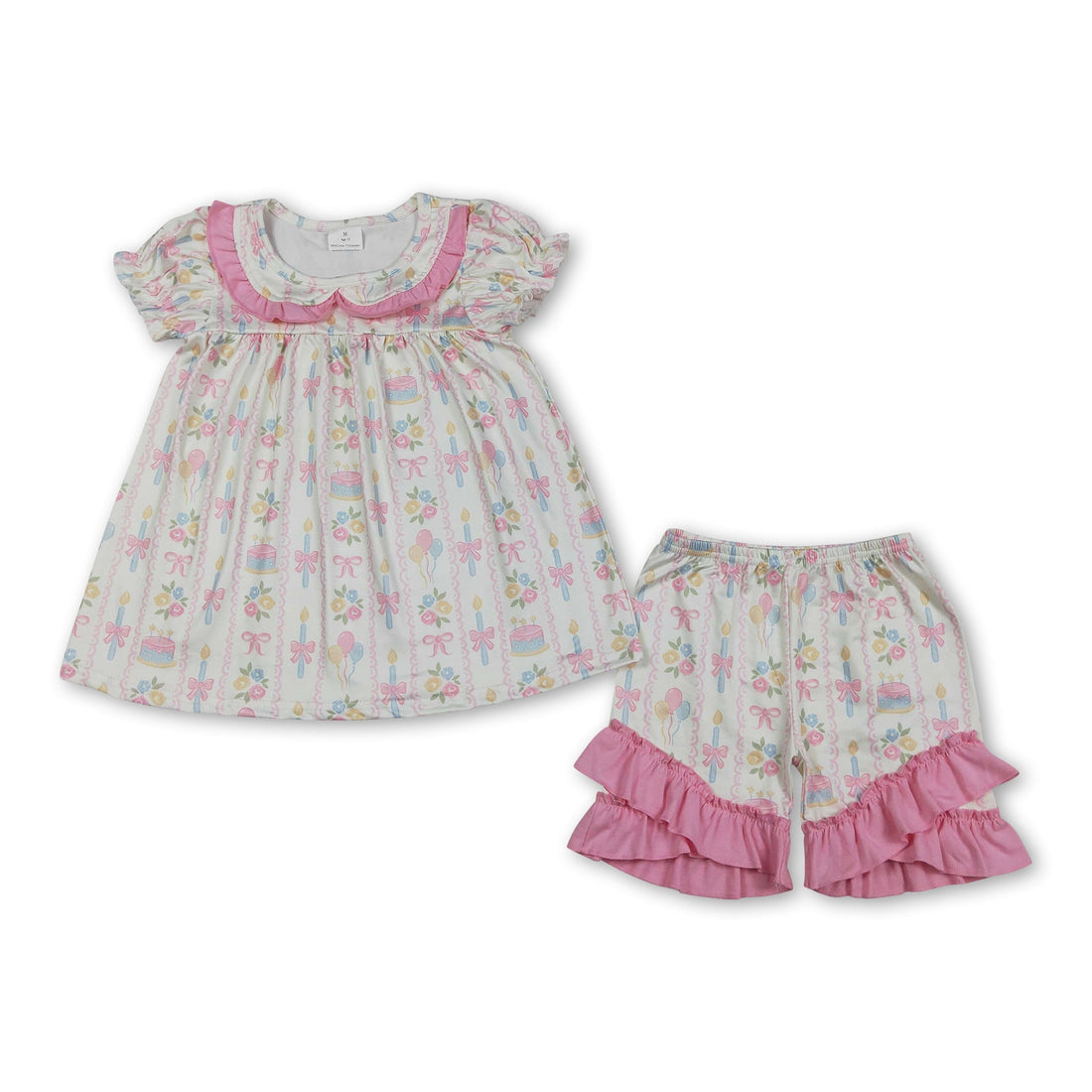 Girl wearing Mini Rodeo floral bow short sleeves top and shorts set, festive birthday outfit with cheerful floral design.