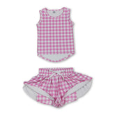 Pink plaid sleeveless girl’s active wear top and shorts set by Mini Rodeo, perfect for casual and sports activities.