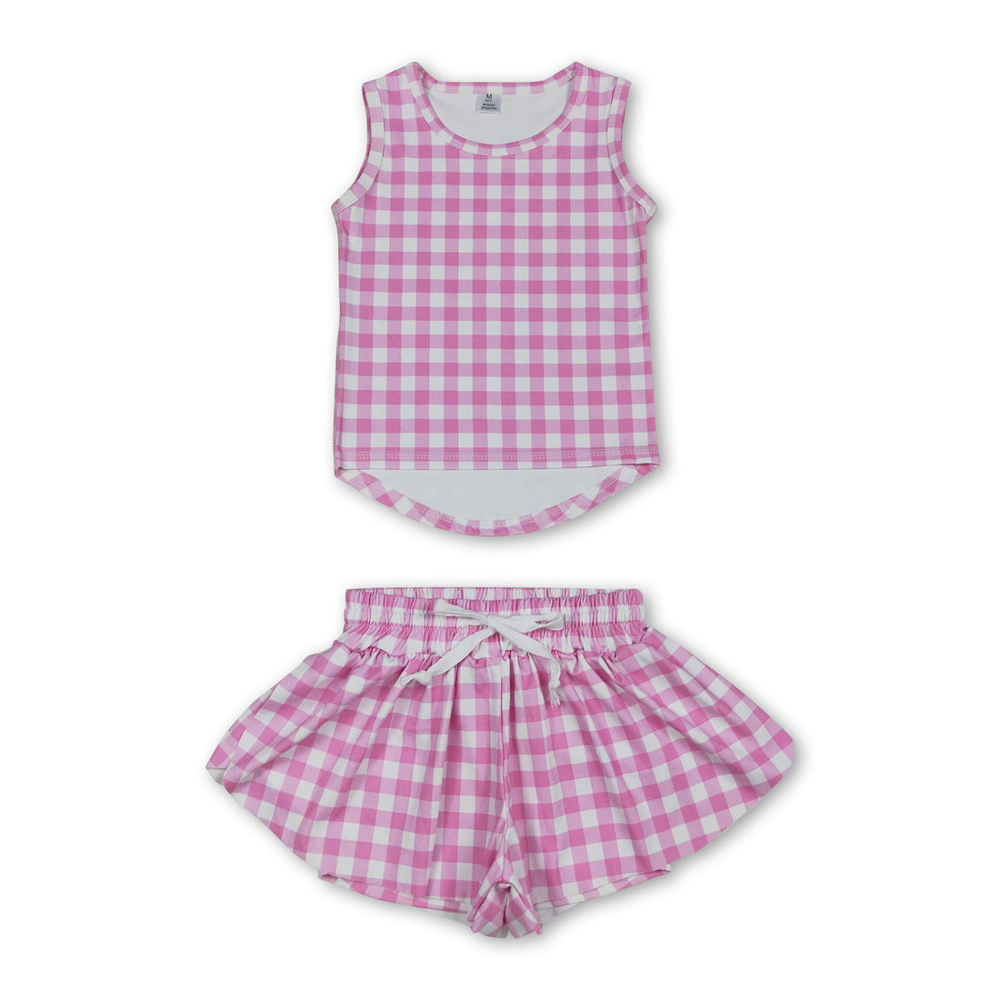 Girl sleeveless pink plaid top and shorts set from Mini Rodeo, perfect for active wear and casual outings.