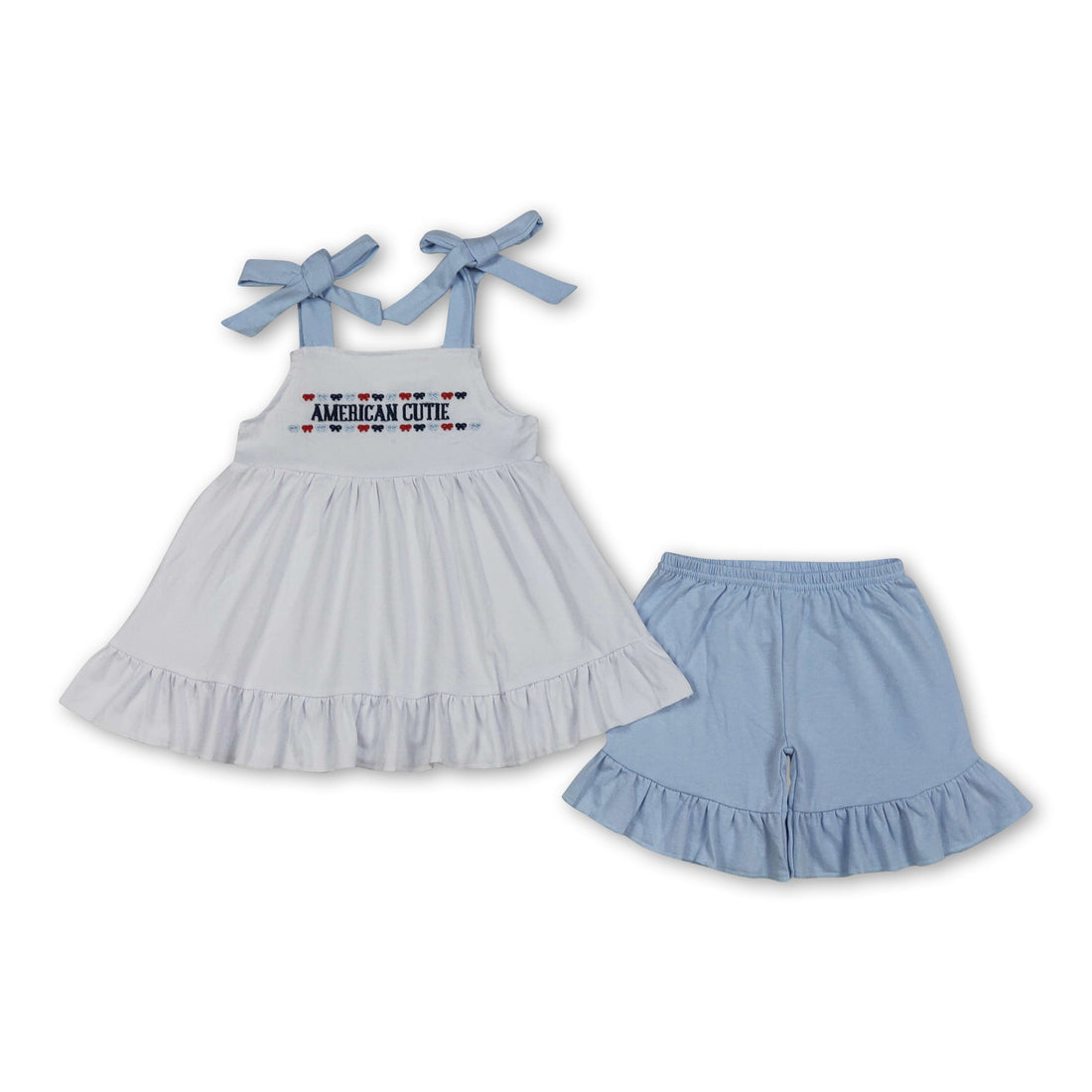 Cute American-themed girl short sleeves top and shorts set by Mini Rodeo with bow embroidery, perfect for 4th of July celebrations.