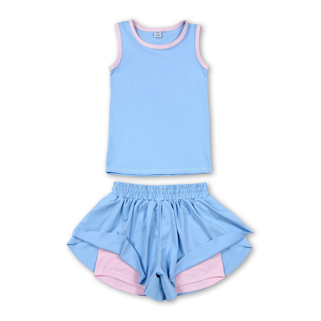 Girls sleeveless light blue and pink butterfly shorts outfit by Mini Rodeo, featuring a short-sleeve top and matching shorts.
