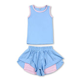 Girls sleeveless light blue and pink butterfly shorts outfit by Mini Rodeo, featuring a short-sleeve top and matching shorts.