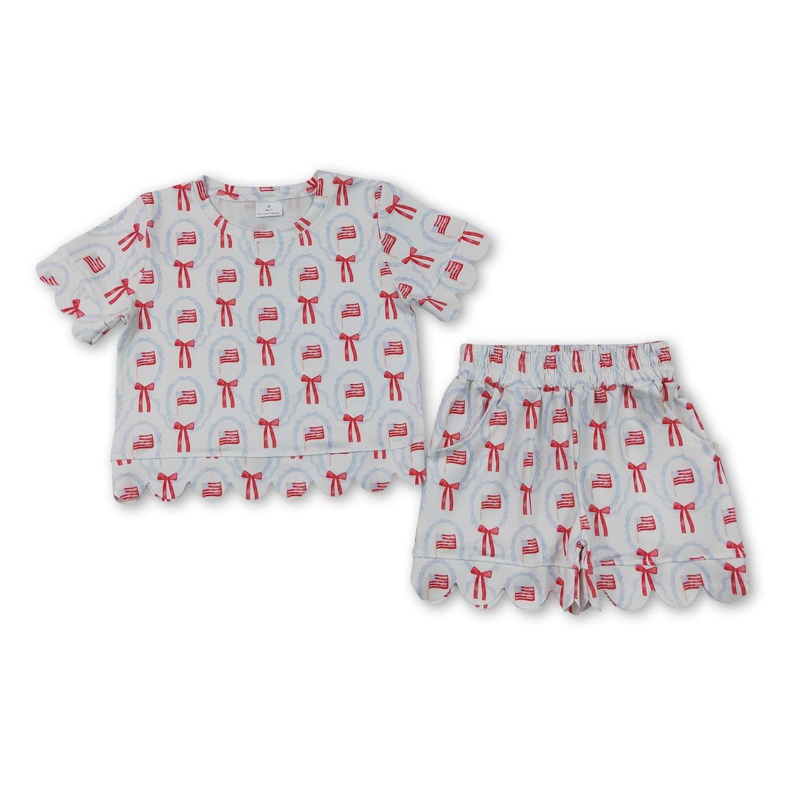 Mini Rodeo girl short sleeves flag bow scallop 4th of July outfit set with top and shorts, featuring patriotic design and playful details.