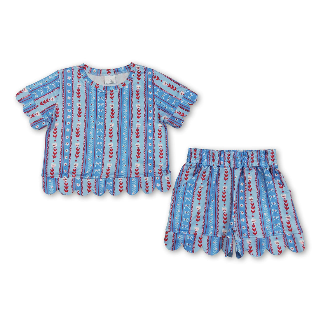 Blue floral scallop girl short sleeves top and shorts set by Mini Rodeo, perfect for summer girls&