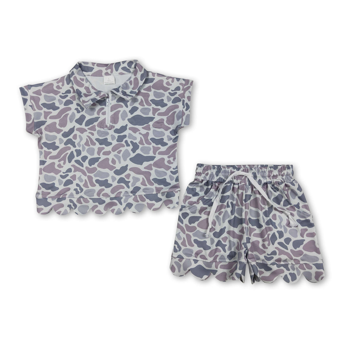 Girl short sleeves grey camo scallop pullover and shorts set by Mini Rodeo, casual kids&