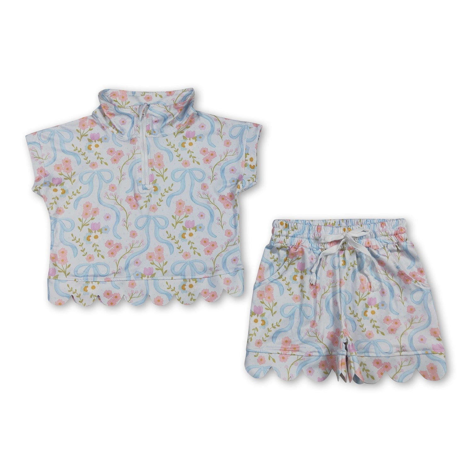 Short sleeves floral bow scallop pullover shorts girls outfits