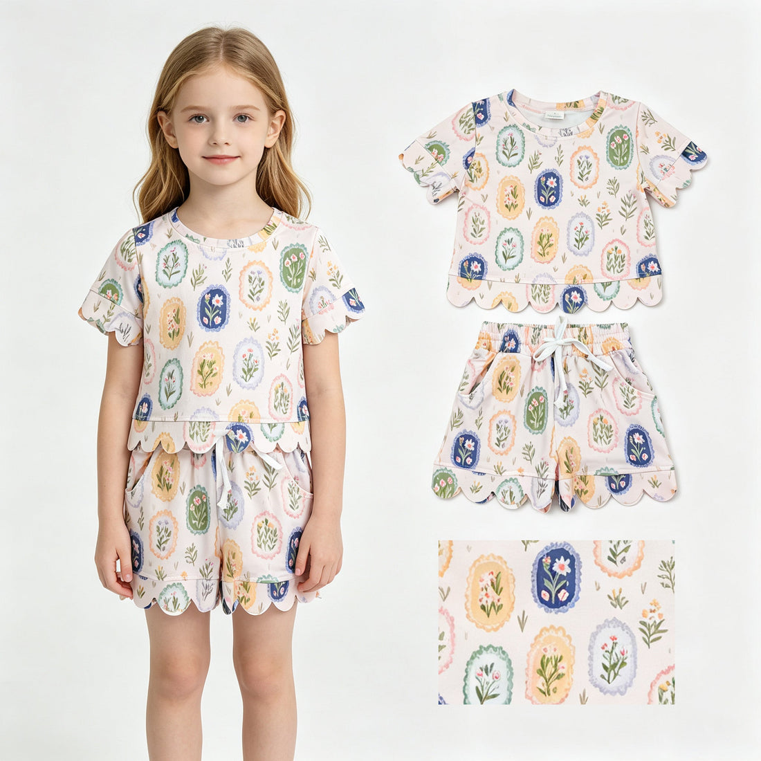 Mini Rodeo toddler girl short sleeves scallop floral summer top and shorts set, lightweight and stylish for warm weather.