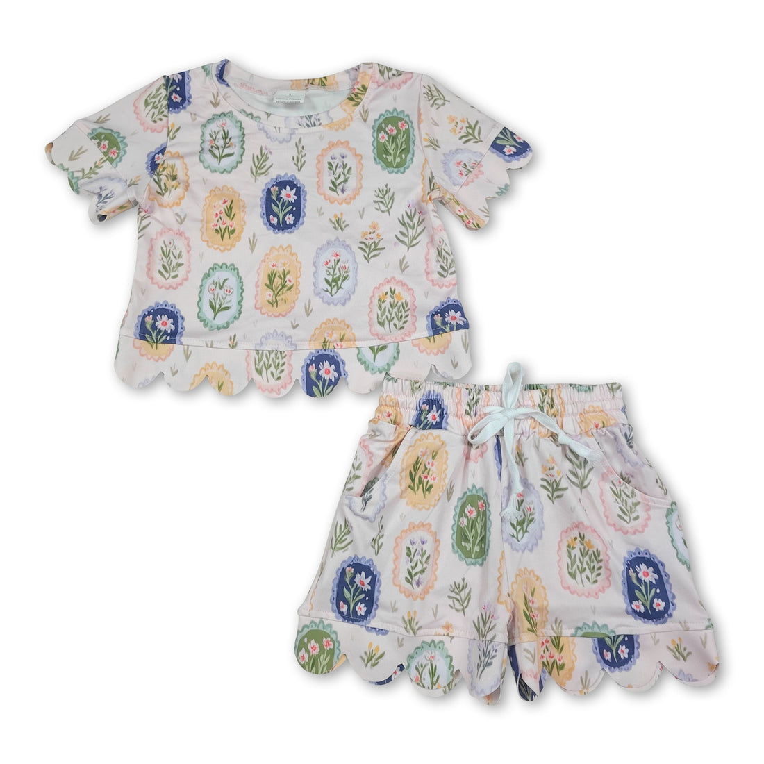Toddler girl short sleeves scallop floral summer top and shorts set by Mini Rodeo, perfect for warm weather.