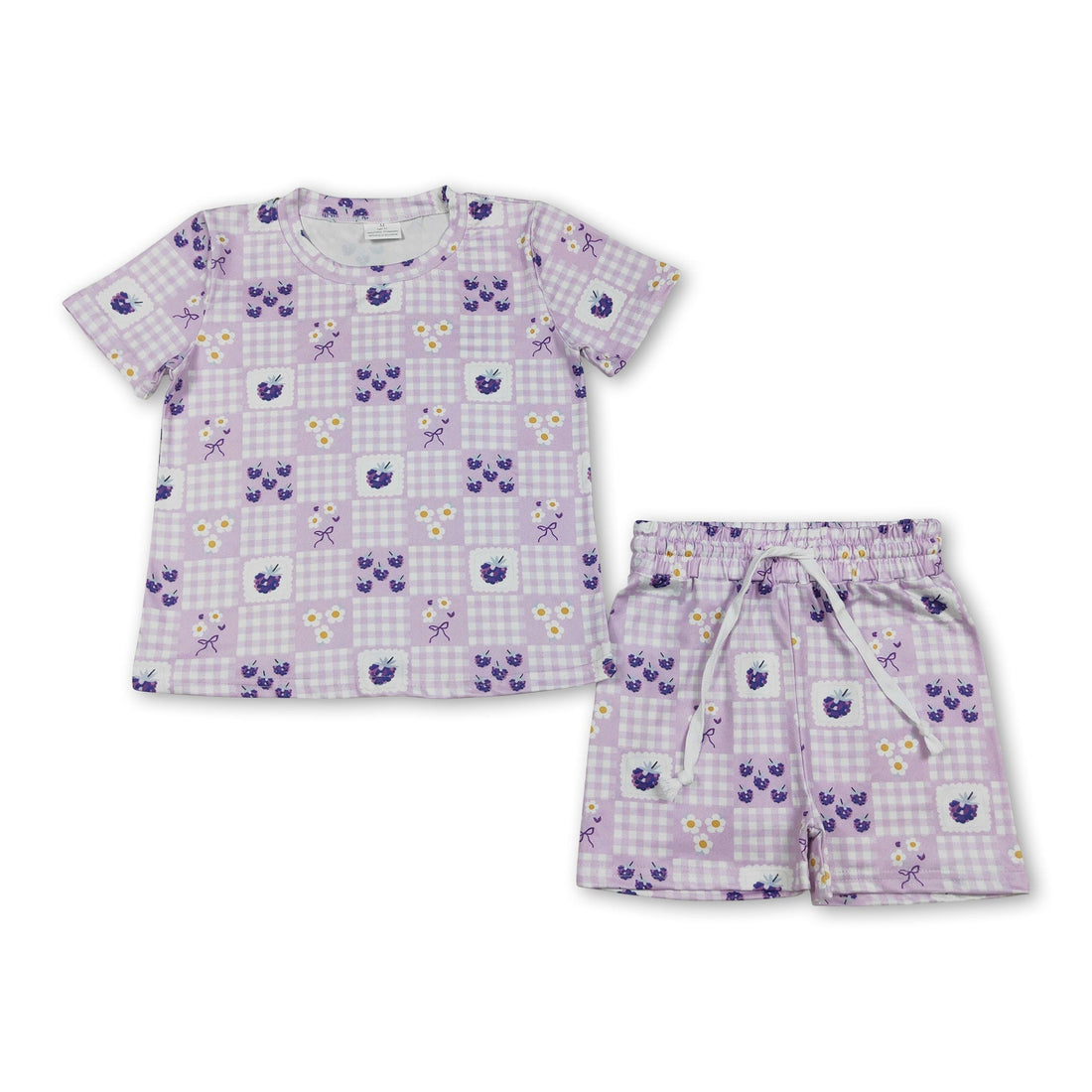 Girl short sleeves lavender plaid top and shorts set by Mini Rodeo, casual summer outfit for girls.