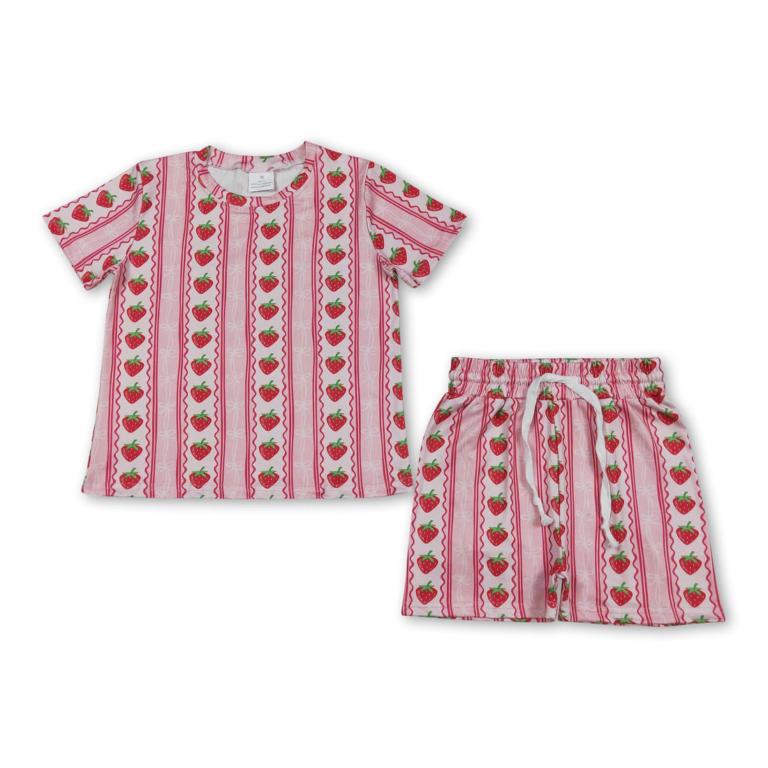 Girl short sleeves strawberry bow top and shorts set by Mini Rodeo, featuring a cute strawberry design and comfortable fit.