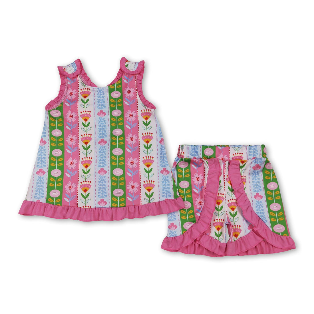Pink sleeveless floral top and shorts set for girls by Mini Rodeo, perfect for summer, featuring ruffle details and casual style.