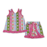 Pink sleeveless floral top and shorts set for girls by Mini Rodeo, perfect for summer, featuring ruffle details and casual style.