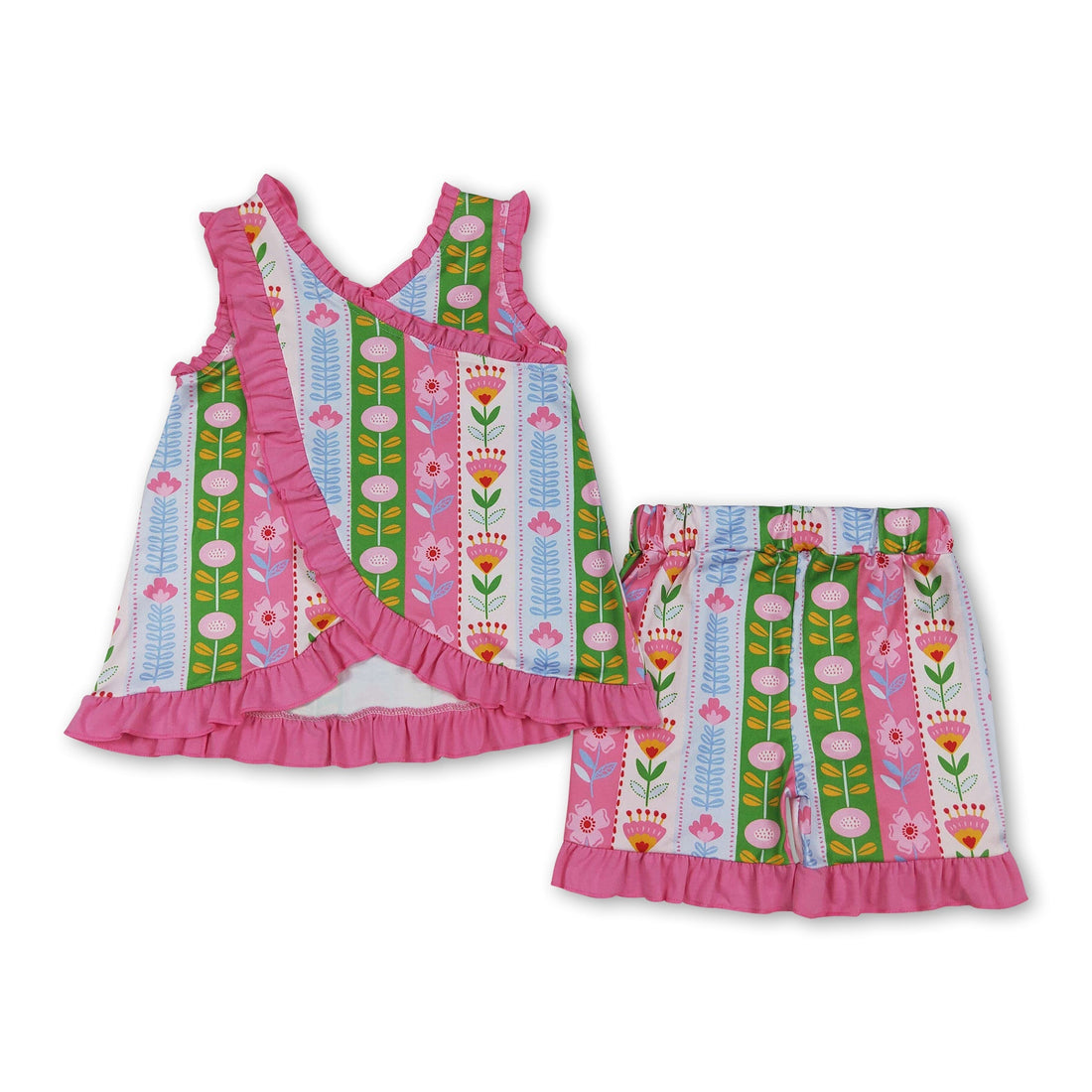 Pink sleeveless floral top and shorts set for girls by Mini Rodeo, featuring ruffle details, perfect for summer wear.