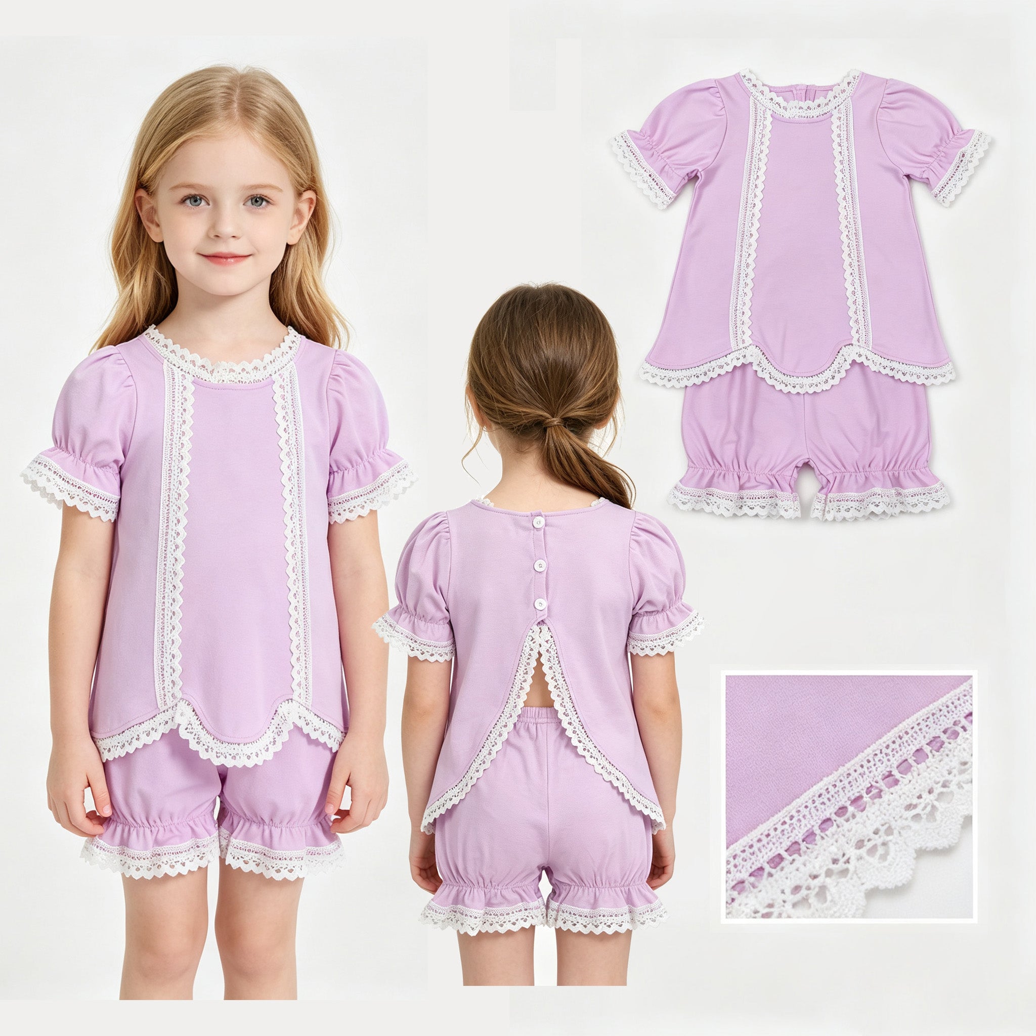 Short sleeves pink cotton lace top shorts girls summer outfits