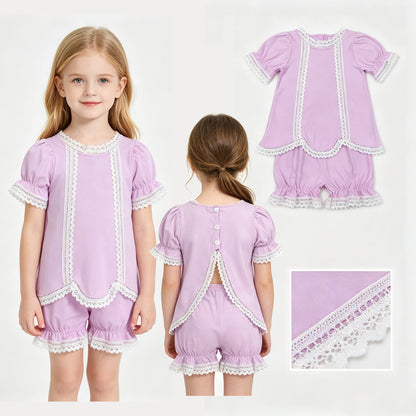 Short sleeves pink cotton lace top shorts girls summer outfits