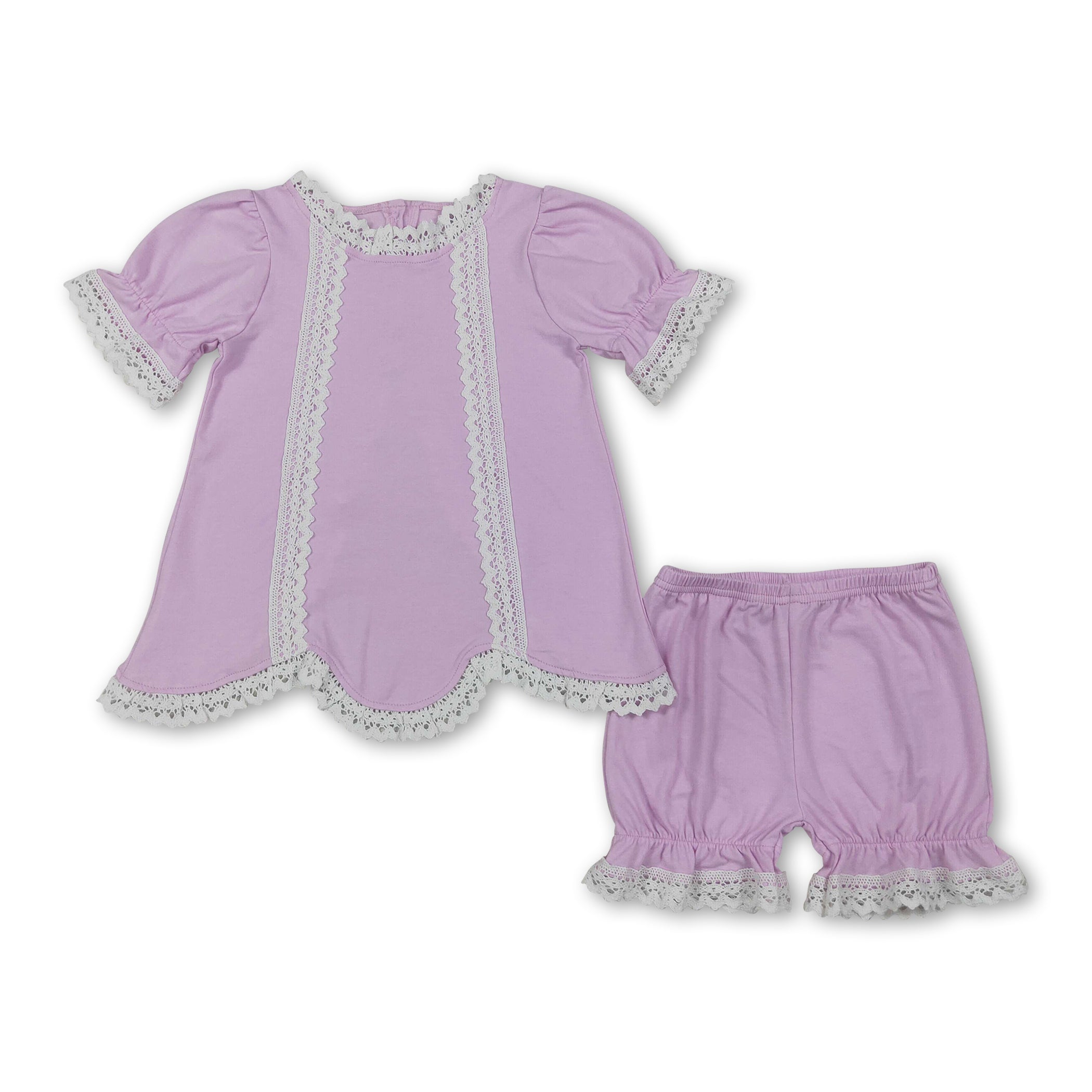 Short sleeves pink cotton lace top shorts girls summer outfits