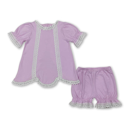 Short sleeves pink cotton lace top shorts girls summer outfits