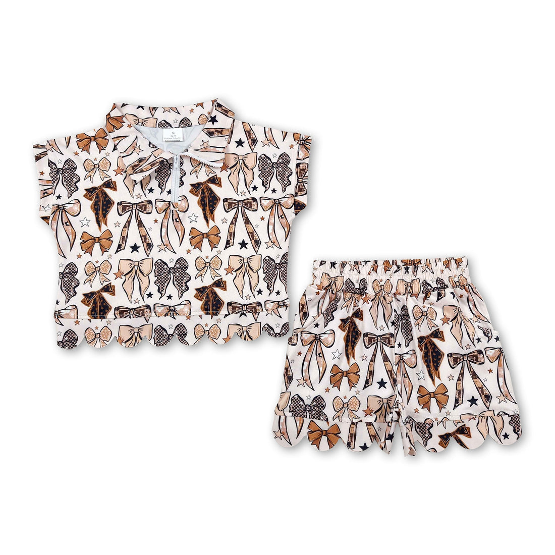 Mini Rodeo girl short sleeves scallop gold bow summer top and shorts set, featuring cute scalloped edges and a stylish gold bow detail.