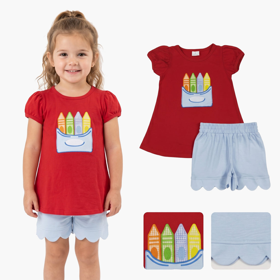 Red crayon top and scallop shorts set for girls by Mini Rodeo, perfect for back-to-school outfits, featuring short sleeves and playful style.
