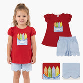 Red crayon top and scallop shorts set for girls by Mini Rodeo, perfect for back-to-school outfits, featuring short sleeves and playful style.