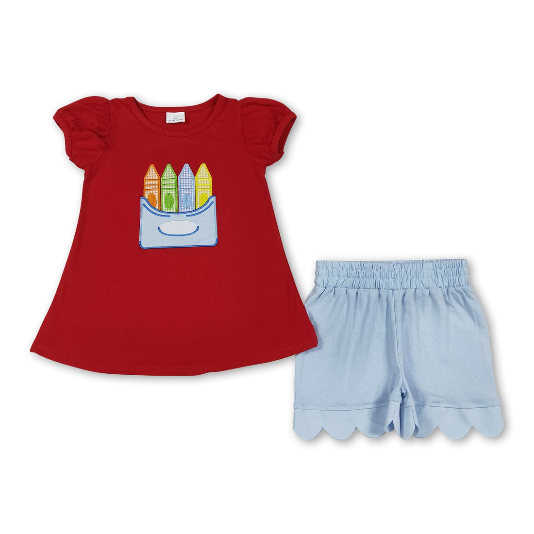 Red scallop-hem girl shorts set with a short-sleeve top from Mini Rodeo, perfect for back-to-school outfits.