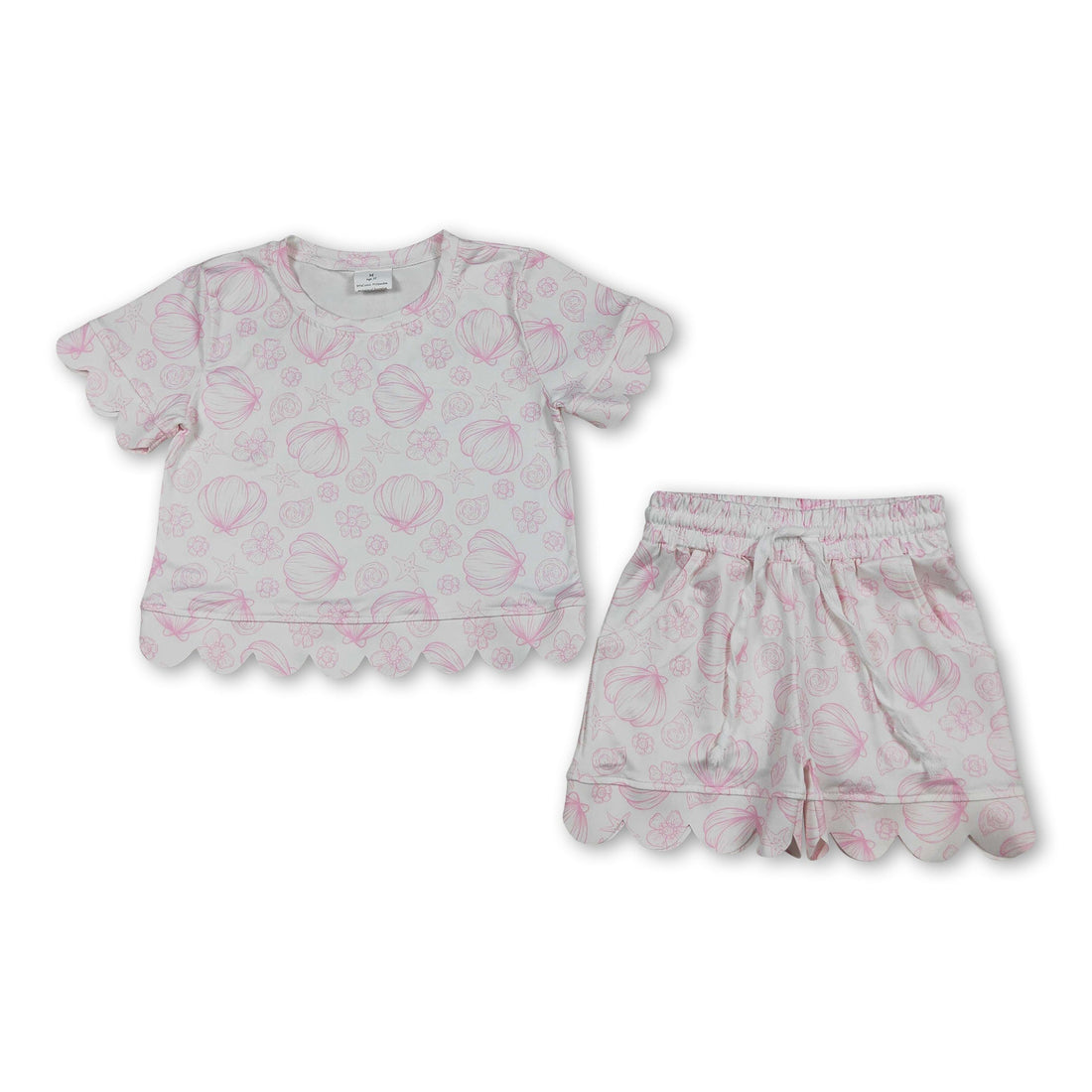 Girl short sleeves top and shorts set with scallop shell and starfish print, summer outfit from Mini Rodeo.