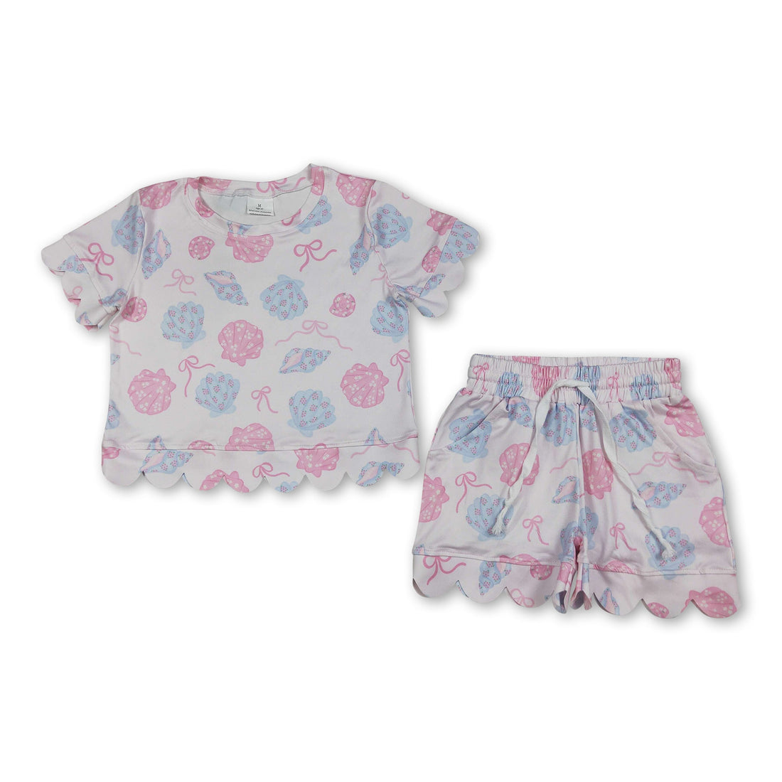 Mini Rodeo girl short sleeves scallop shell bow summer outfit with top and shorts, perfect for warm weather.