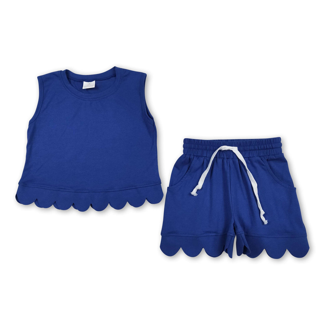 Kids girls sleeveless blue scallop top and shorts set by Mini Rodeo, casual team outfit for warm weather.