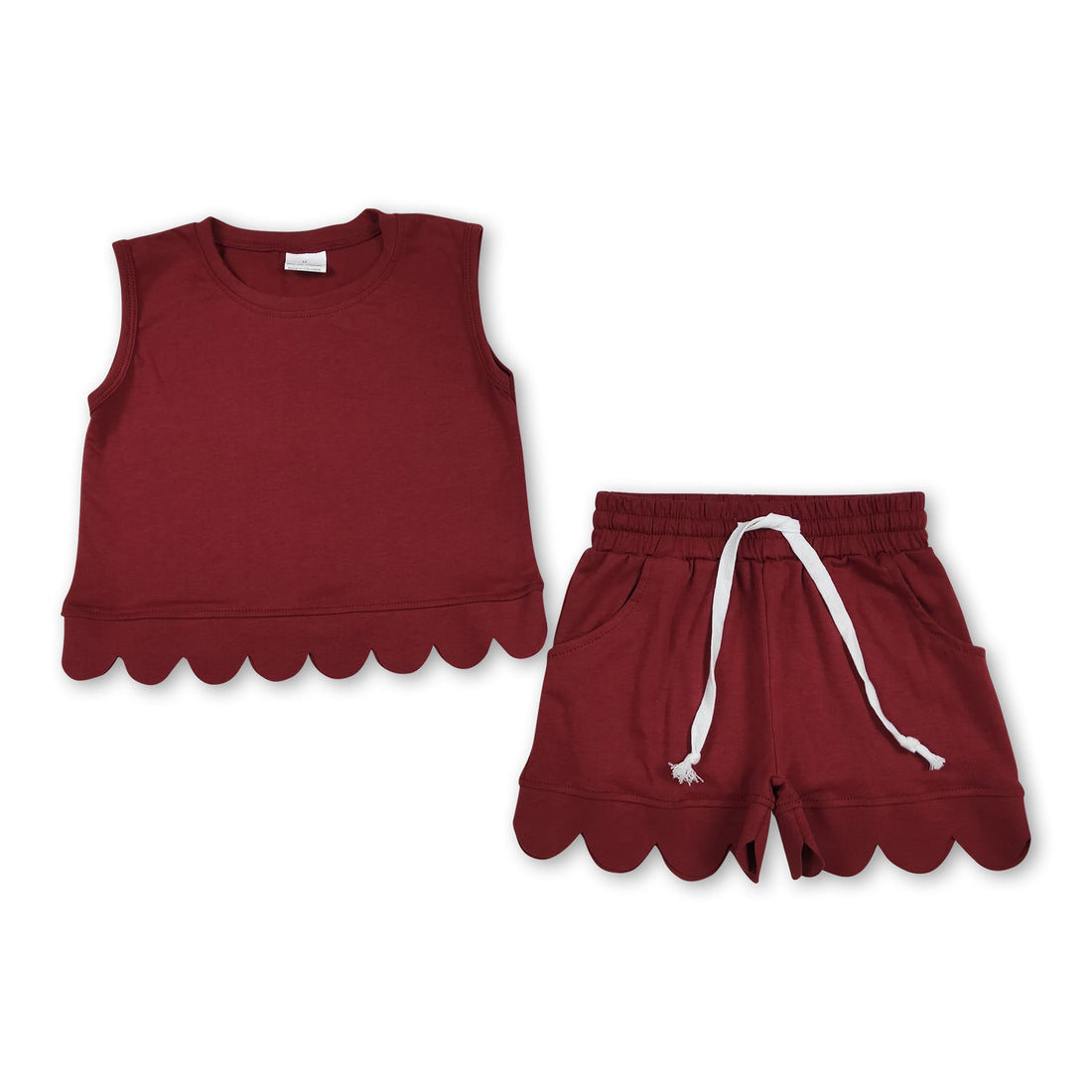 Kids girls maroon sleeveless scallop top and shorts set by Mini Rodeo, perfect for team outfits and casual wear.
