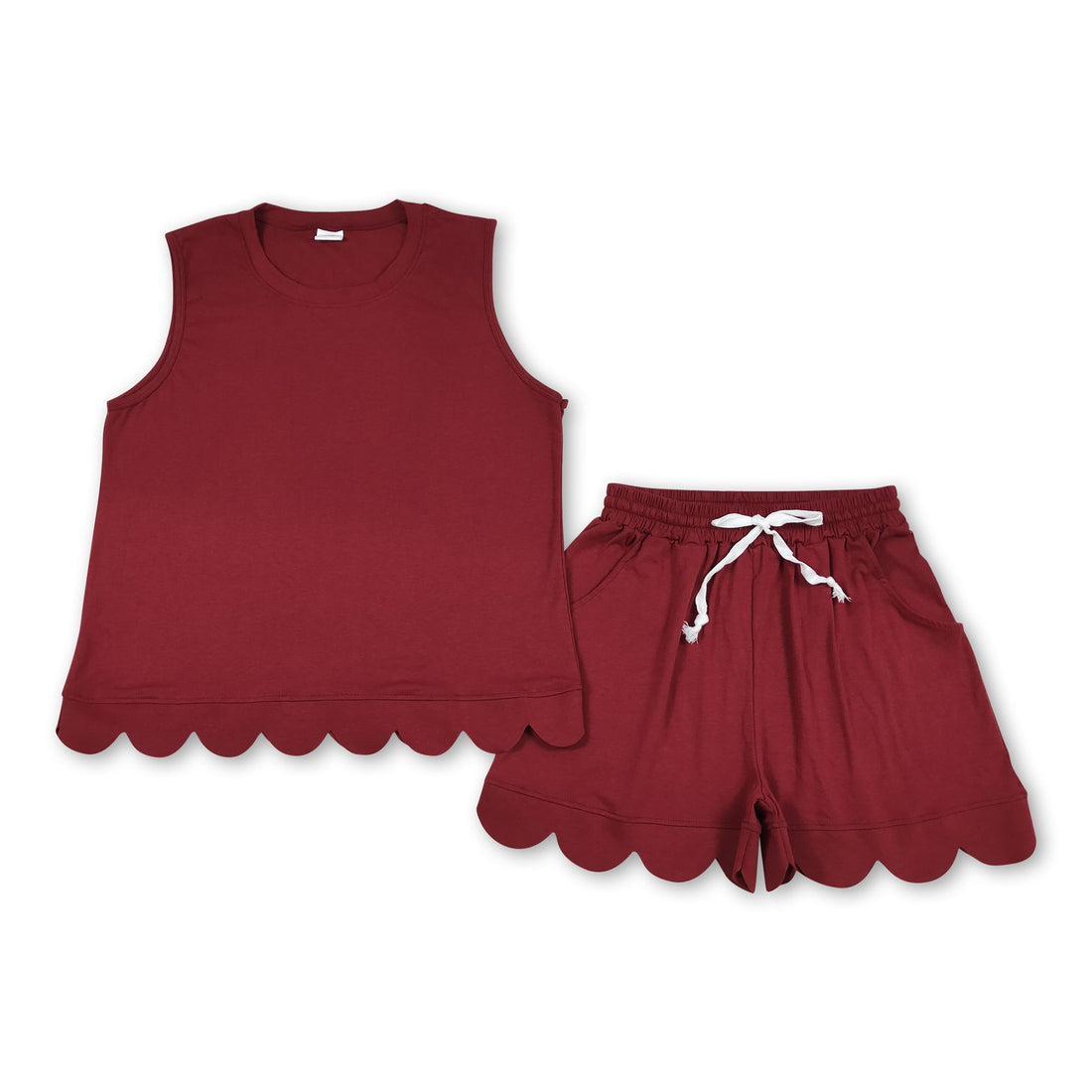 Maroon sleeveless cotton scallop top and shorts women set by Mini Rodeo, stylish and comfortable summer outfit.