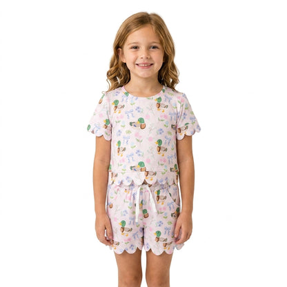 Short sleeves scallop duck floral bow girls summer clothes