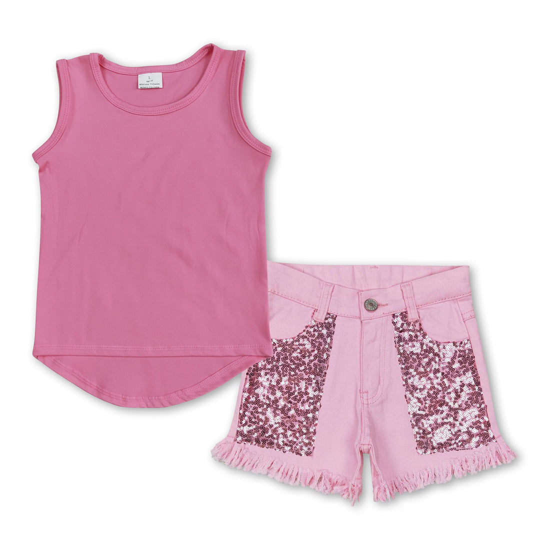 Girl wearing a sleeveless active top with sequin denim shorts from Mini Rodeo, perfect for summer casual wear.