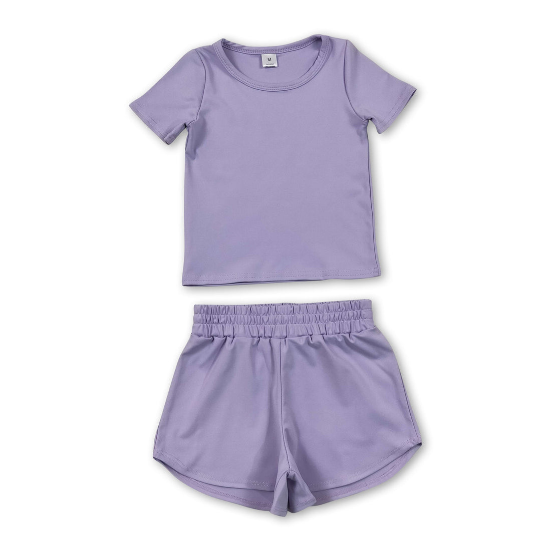 Kids girls lavender short sleeves top and shorts active set by Mini Rodeo, perfect for yoga and active play.