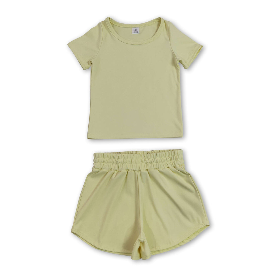 Mini Rodeo girls short sleeves yellow top and shorts yoga active set for kids, comfortable and stylish for active play.
