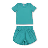 Kids girl short sleeve mint yoga top and shorts set by Mini Rodeo, comfortable activewear for girls&