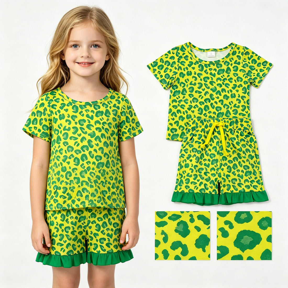 Green girl short sleeves ruffle leopard top and shorts set from Mini Rodeo, stylish and comfortable summer outfit for girls.