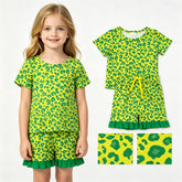 Green girl short sleeves ruffle leopard top and shorts set from Mini Rodeo, stylish and comfortable summer outfit for girls.