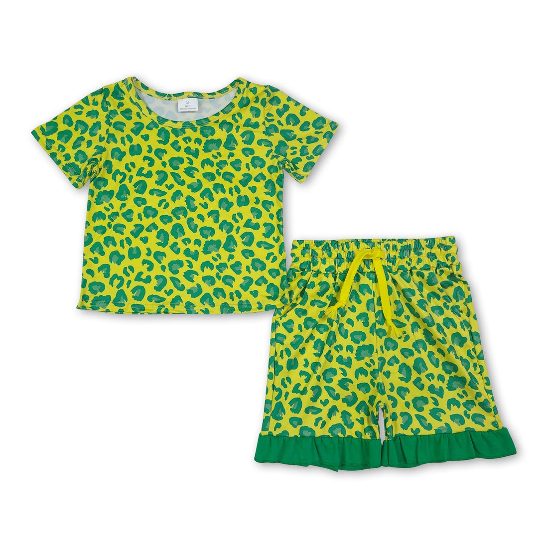 Green ruffle leopard girl’s short sleeves top and shorts set by Mini Rodeo, perfect for casual summer outfits.