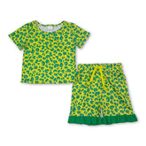 Green ruffle leopard girl’s short sleeves top and shorts set by Mini Rodeo, perfect for casual summer outfits.