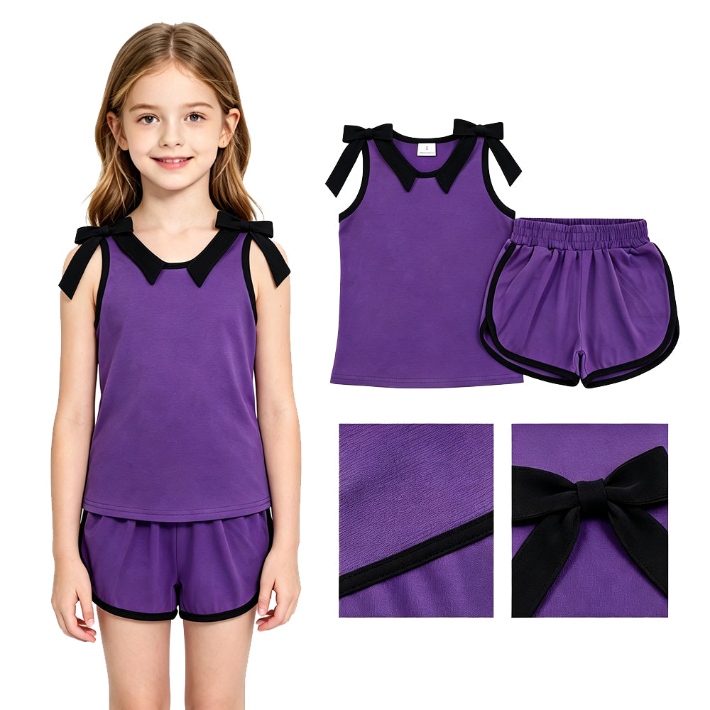 Sleeveless black bow purple top shorts girls outfits